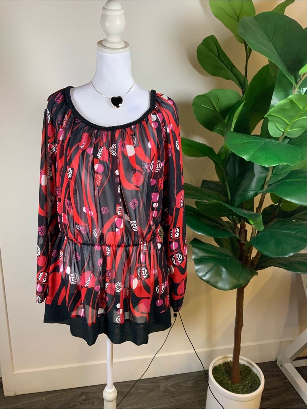 Bisou Bisou Red & Black Printed Peplum Tunic